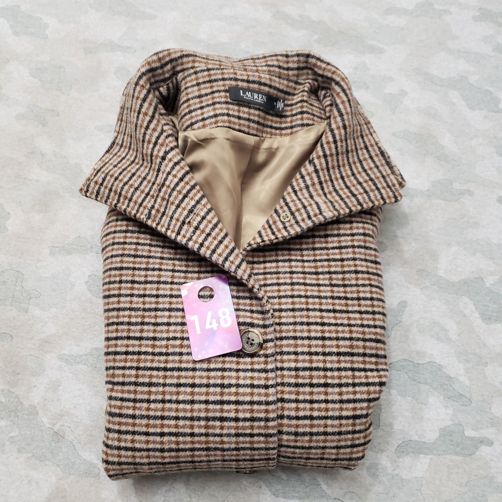Lauren Ralph Lauren Coat Women 10 Brown Mid Length Button Houndstooth Wool Blend - Picture 8 of 8